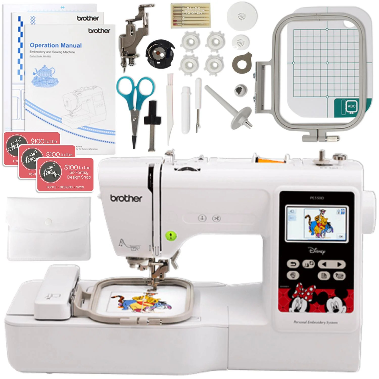 Brother PE550D Embroidery Machine Disney Bundle 4" x 4" Questions & Answers